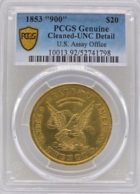 1853 U.S. Assay Office Twenty Dollar "900" Gold Coin PCGS Genuine Cleaned UNC Detail