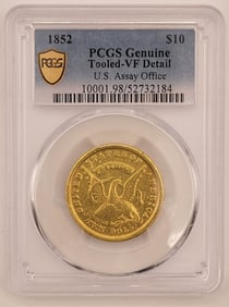 1852 U.S. Assay Office Ten Dollar "884" Gold Coin PCGS Genuine Tooled AU Detail