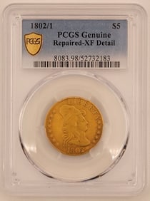 1802, 2 Over 1 United States Capped Bust $5 Gold Piece PCGS Genuine Repaired XF Detail