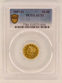 1857-O United States Liberty Head Coronet Type Quarter Eagle $2.50 Gold Coin PCGS AU 53