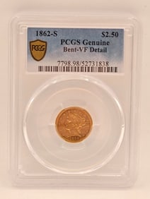 1862-S United States Liberty Head Quarter Eagle $2.50 Gold Coin PCGS Genuine Bent VF Detail