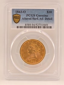 1843-O United States Liberty Head Eagle $10 Gold Coin PCGS Genuine Altered Surface AU Detail