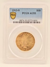 1913-S United States Indian Head Eagle $10 Gold Coin PCGS AU 53