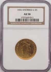 1806 United States Draped Bust Knobbed 6 Half Eagle $5.00 Gold Coin NGC AU 58