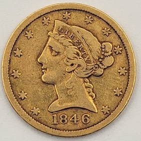 1846 United States Liberty Head Coronet Type No Motto Half Eagle $5.00 Gold Coin