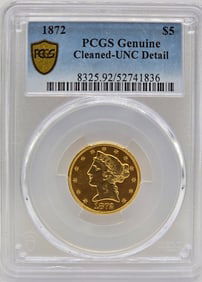 Rare 1872 U.S. Liberty Head Coronet Type Half Eagle $5.00 Gold Coin PCGS Genuine Cleaned UNC Detail