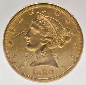 1880 United States Liberty Head Coronet Type Half Eagle $5.00 Gold Coin