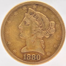 1880-S United States Liberty Head Coronet Type Half Eagle $5.00 Gold Coin
