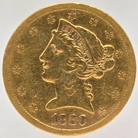 1880-S United States Liberty Head Coronet Type Half Eagle $5.00 Gold Coin