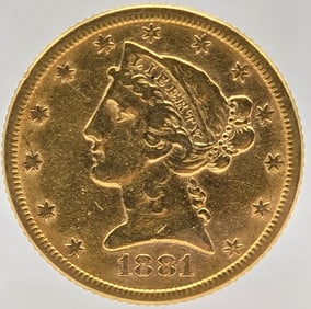 1881 United States Liberty Head Coronet Type Half Eagle $5.00 Gold Coin