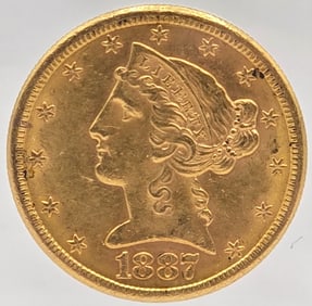 1887-S United States Liberty Head Coronet Type Half Eagle $5.00 Gold Coin