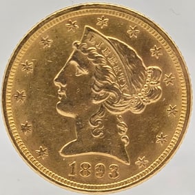 1893 United States Liberty Head Coronet Type Half Eagle $5.00 Gold Coin