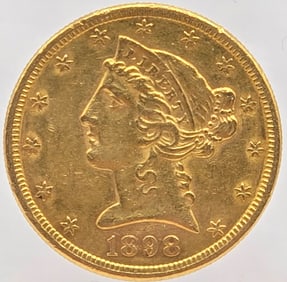 1898-S United States Liberty Head Coronet Type Half Eagle $5.00 Gold Coin