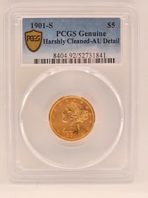 1901-S United States Liberty Head Half Eagle $5.00 Gold Coin PCGS Genuine Harshly Cleaned AU Detail