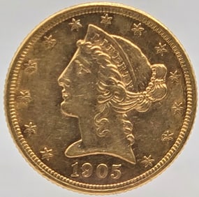 1905 United States Liberty Head Coronet Type Half Eagle $5.00 Gold Coin