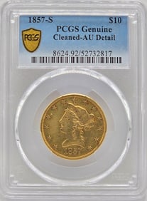 1857-S U.S. Liberty Head Coronet Type No Motto Eagle $10.00 Gold Coin PCGS Genuine Cleaned AU Detail