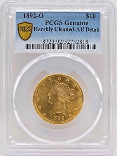 1892-O U.S. Liberty Head Coronet Type Eagle $10.00 Gold Coin PCGS Genuine Harshly Cleaned AU Detail: 1892-O United States Liberty Head Coronet Type Eagle $10.00 Gold Coin. Graded Genuine Harshly Cleaned AU Details by PCGS. The coin is .900 fine and the net weight is .48375 ounce of pure gold. Mintage