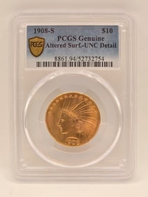 1908-S United States Indian Head Type Eagle $10.00 Gold Coin PCGS Genuine Altered Surface UNC Detail