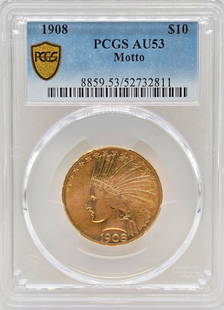 1908 United States Indian Head Type With Motto Eagle $10.00 Gold Coin PCGS AU 53: 1908 United States Indian Head Type With Motto Eagle $10.00 Gold Coin. Graded AU 53 by PCGS. The coin is .900 fine and the net weight is .48375 ounce of pure gold.