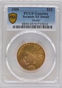 1908 United States Indian Head Type With Motto Eagle $10.00 Gold Coin PCGS Genuine Scratch XF Detail