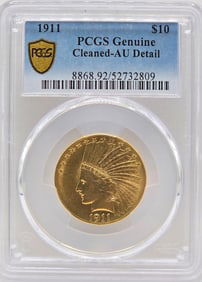 1911 United States Indian Head Type Eagle $10.00 Gold Coin PCGS Genuine Cleaned AU Detail