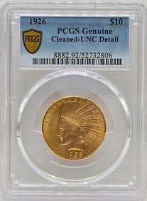 1926 United States Indian Head Type Eagle $10.00 Gold Coin PCGS Genuine Cleaned UNC Detail