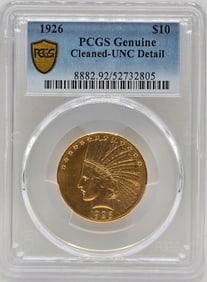 1926 United States Indian Head Type Eagle $10.00 Gold Coin PCGS Genuine Cleaned UNC Detail