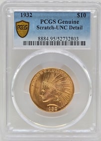 1932 United States Indian Head Type Eagle $10.00 Gold Coin PCGS Genuine Scratch UNC Detail