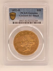 1852-O United States Liberty Head Double Eagle $20.00 Gold Piece PCGS Genuine Cleaned AU Detail