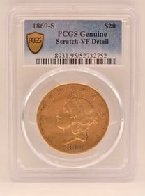 1860-S United States Liberty Head Double Eagle $20.00 Gold Piece PCGS Genuine Scratch VF Detail