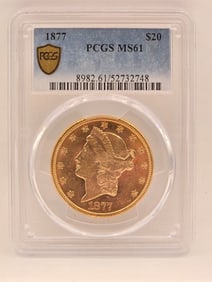 1877 United States Liberty Head Double Eagle $20.00 Gold Piece PCGS MS 61