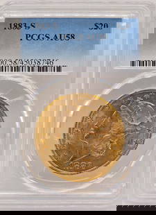 1883-S United States Liberty Head Double Eagle $20.00 Gold Piece PCGS AU 58: 1883-S United States Liberty Head Double Eagle $20.00 Gold Piece. Graded AU 58 by PCGS. The coin is .900 fine and the net weight is .96750 ounce of pure gold. Holder has a crack in the plastic on the