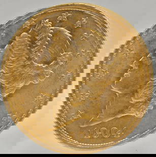 1904 United States Liberty Head Double Eagle $20.00 Gold Piece: 1904 United States Liberty Head Double Eagle $20.00 Gold Piece. Nice AU/BU condition. The coin is .900 fine and the net weight is .96750 ounce of pure gold.