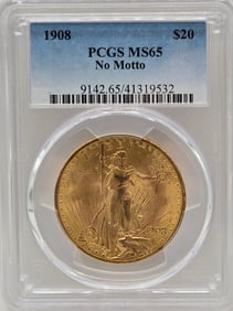 1908 No Motto United States Saint-Gaudens Double Eagle $20.00 Gold Piece PCGS MS 65