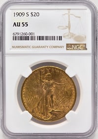 1909-S United States Saint-Gaudens Double Eagle $20.00 Gold Piece NGC AU 55