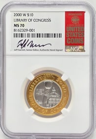 2000-W United States Library Of Congress $10 Bimetallic Uncirculated Coin NGC MS 70