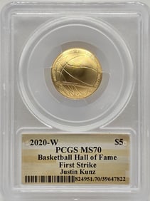 2020-W United States Basketball Hall Of Fame $5 Gold Commemorative Uncirculated Coin PCGS MS 70