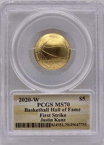 2020-W United States Basketball Hall Of Fame $5 Gold Commemorative Uncirculated Coin PCGS MS 70