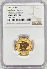 2020-W United States Mayflower Voyage Reverse Proof $10 1/4 Ounce Gold Coin NGC Reverse Proof 70