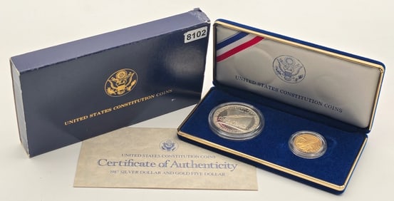 1987 United States Silver Dollar and Gold $5 Constitution Proof Coin Set In Box
