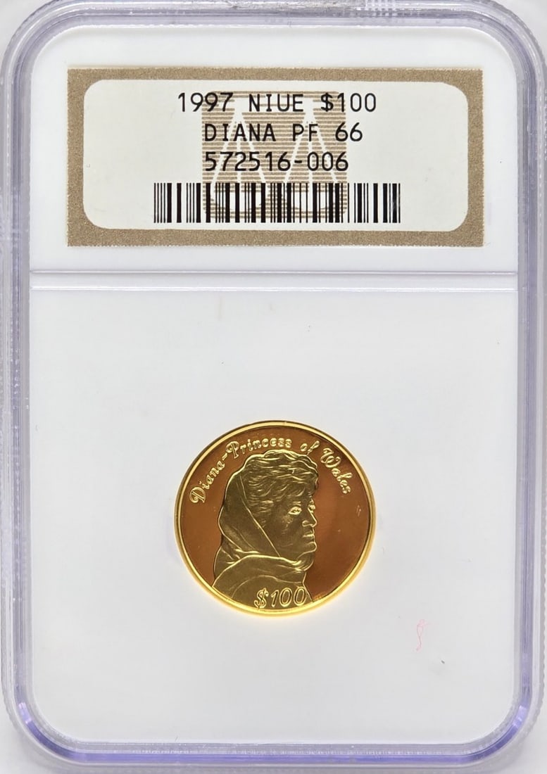 1997 Niue $100 Diana Princess Of Wales Proof Gold Coin NGC PF 66: 1997 Niue $100 Diana Princess Of Wales Proof Gold Coin. Graded PF 66 by NGC. The gold coin contains .1998 ounce of pure gold.