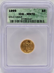 1999 United States $5 American Eagle 1/10 Ounce Fine Gold Coin ICG MS 70