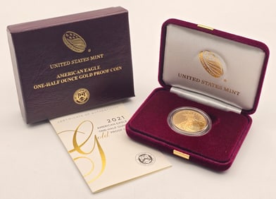 2021 United States $25 American Eagle 1/2 Ounce Fine Gold Proof Coin In Box With COA