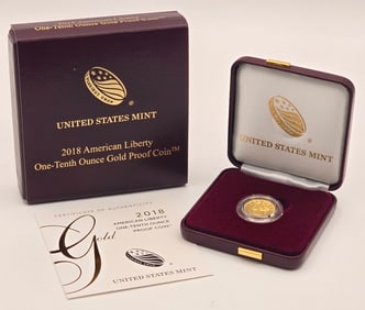 2018 United States American Liberty 1/10 Ounce Gold Proof Coin In Box With COA