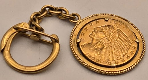 18K Yellow Gold Keychain With U.S. 1909-D $5 Indian Head Gold Piece