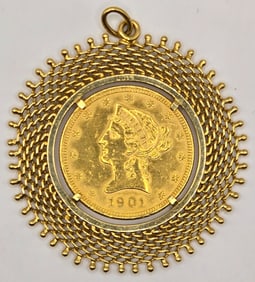 18K Yellow Gold Pendant With U.S. 1901 $10 Liberty Head Gold Piece