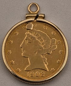 1902 United States $5 Liberty Head Gold Piece In A 14k Gold Bezel