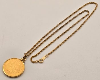 1906-S United States $5 Liberty Head Gold Piece With Gold-Filled Bezel & Chain