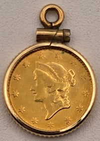 1849-1854 United States $1 Liberty Head Gold Piece Love Token In 14K Gold Bezel