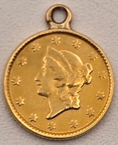 1853 United States $1 Liberty Head Gold Coin With Attached Bail